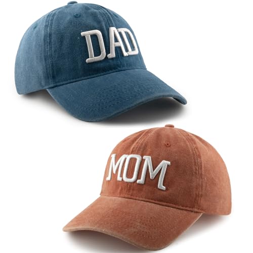 Image of Mom Dad Embroidered Baseball Caps Set of 2 Adjustable Couples Cotton Hats | Soft cotton matching caps with premium embroidery and adjustable fit, perfect for couples, parents, family photos and gifts.