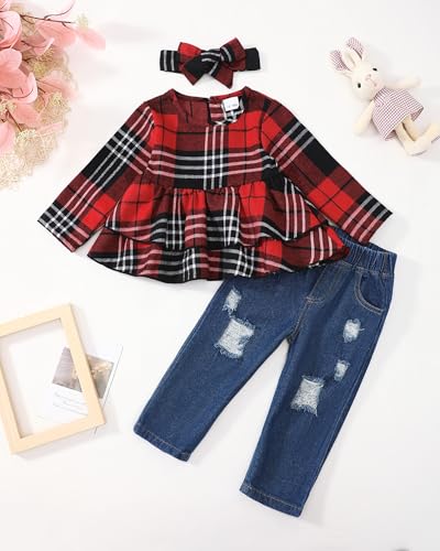 Image of Baby Girl Clothes Toddler Girls Winter Outfits Infant Clothing Ruffle Top Denim Pants Jeans Cute Fall Outfit Set