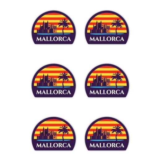 Juego de 6 pegatinas de 50 mm, 6 unidades, de Mallorca, 50 mm, 5 cm, semicírculo, puesta de sol, palmera, catedral, palmera, resistente al agua, resistente a los rayos UV, maleta, portátil, coche