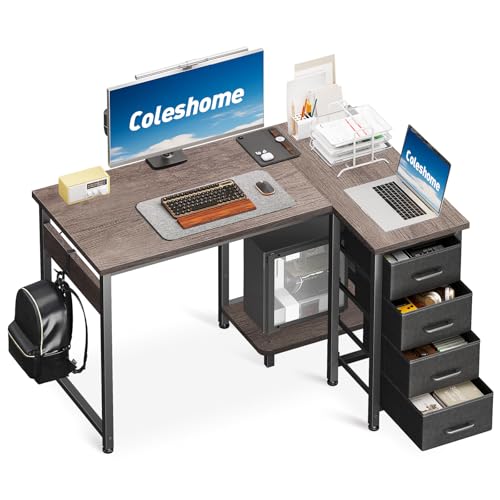 Coleshome Escritorio Esquinero con 4 Cajones de Tela,100x70cm Escritorio en L Reversible con Almacenamiento y Estanteria, Mesa Escritorio para Oficina en Casa y Dormitorio, Roble Gris