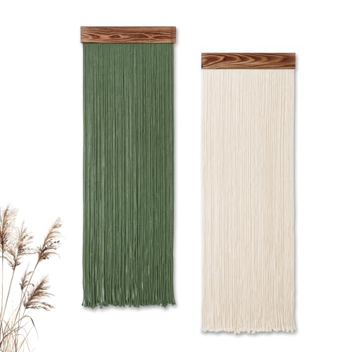 KHOYIME Macrame Wall Hanging Boho Chic Home Decor, 2PCS Bohemian Green Beige Tassel Yarn Tapestry Modern Handmade Large Wall Art Decorations for Living Room Bedroom Nursery Backdrop 11.8''W x 36''L