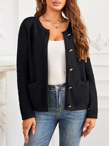 Image of Women's Casual Cardigan Sweaters Open Front Long Sleeve Button Down Crew Neck Knit Jackets with Pockets