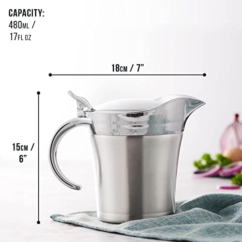 Oak & Steel - Double-Walled Insulated Gravy Sauce Thermal Jug, 480ml with Easy Lift Lid - Milk, Custard & Cream Boat for Dinner Party Gift, Wedding and Birthday Party Gift