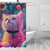 J JOYSAY Cosmic Kitten Planetarium Fabric Shower Curtains with Buttonholes Hooks Water Repellent Washable Cloth Shower Curtain for Bathroom Hotel 72 X 72 Inches