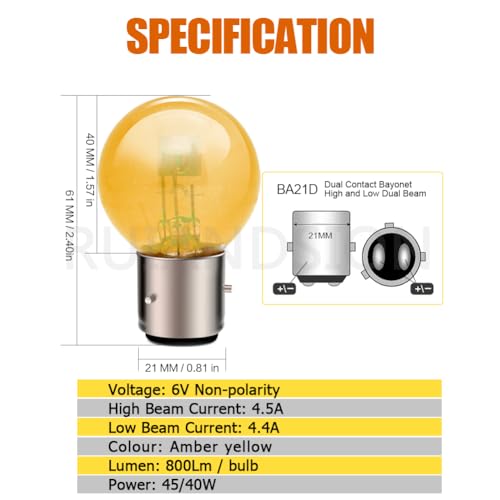 Ruiandsion BA21D żarówka halogenowa 6 V reflektor 45/40 W 6 V żółty reflektor samochodowy motocykl