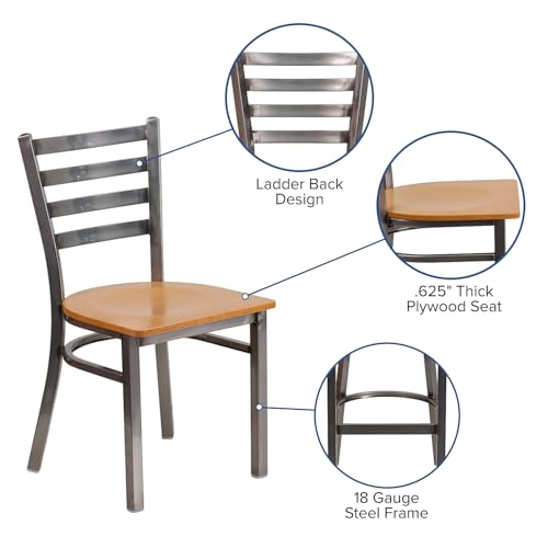Image of Flash Furniture HERCULES Series Clear Coated Ladder Back Metal Restaurant Chair - Natural Wood Seat
