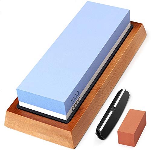 Xergur Knife Sharpening Stone Set - Dual Grit Whetstone 1000/6000 - Professional 2-in-1 Double-Sided Knife Sharpener with Stable Bamboo Base, Knife Angle Holder, Flattening Stone for Kitchen