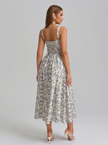 Image of KUTUMAI Floral Corset Midi Dress Flowy Slit Summer Spring Wedding Guest Dresses for Women Sundress with Pockets