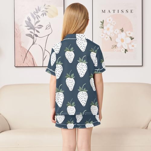 ALAZA White Strawberry Navy Blue Pajamas Satin Pajama Set Short Sleeve Button Down Sleepwear4