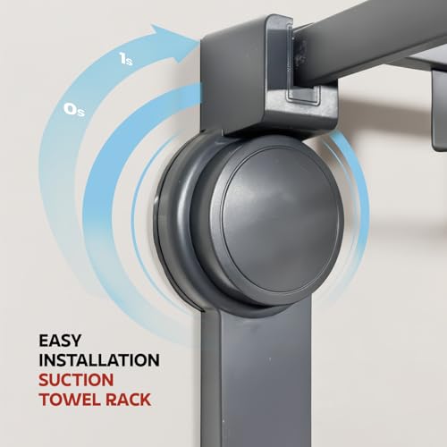 Image of Amazon Basics Suction Towel Rack for Bathroom, No Drill Wall Mounted Aluminum Towel Holder with Hooks, Self Adhesive Rustproof Bathroom Towel Hanger, Damage-Free Install