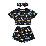 AMAWMW Toddler Baby Girl Summer Clothes Short Sleeve Dinosaur T-Shirt Shorts Headband 3Pcs Outfit(18