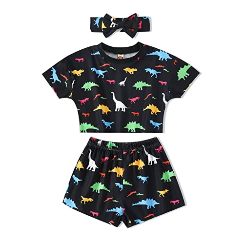 Amawmw Toddler Baby Girl Summer Clothes Short Sleeve Dinosaur T-Shirt Shorts Headband 3Pcs Outfit(18-24 Months, Black) #TOP12