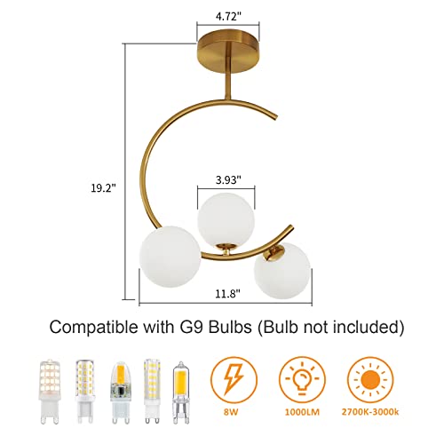 Modern Semi Flush Mount Ceiling Light - Easric Glod Ceiling Light Fixture Mid Century Light Fixtures Ceiling Mount With 3 Frosted Glass Lampshade Globe Ceiling Lamp For Hallway Kitchen Bedroom #TOP5
