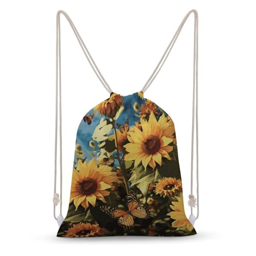 Sunflowers And Butterflies Drawstring Backpack Gym Bag Lightweight Sackpack Gift for Hiking Travel Beach Shopping