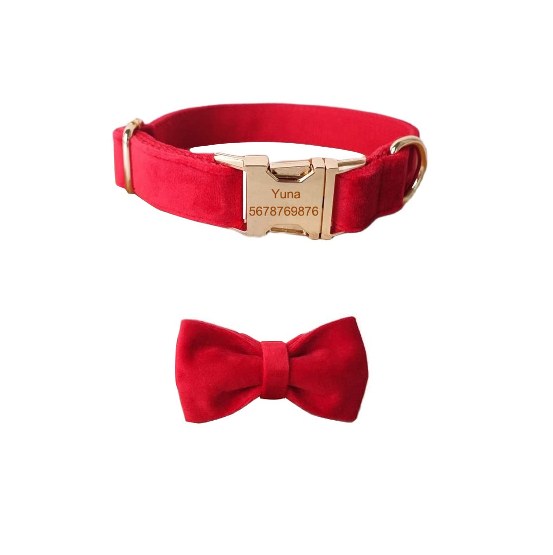 Personalized Dog Collar Velvet with Bow tie Puppy Collars Engraving Custom Pet Name Phone Number ID Tag Metal Buckle Adjustable Collars for Small Medium Large Dogs (S, Red)