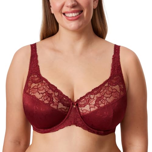 DELIMIRA Women's Plus Size Full Coverage Underwire Unlined Minimizer Lace Bra Ancora Red 34D