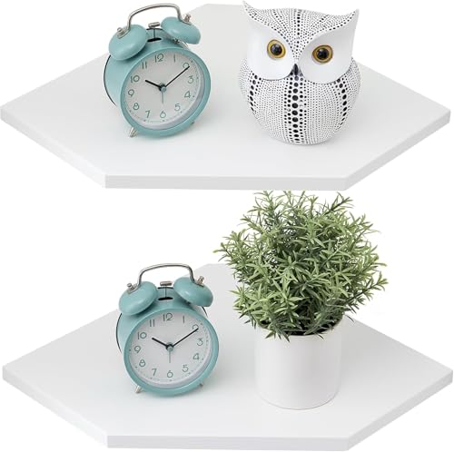 Image of Corner Floating Shelves, White Corner Wall Shelf Set of 2, Solid Oak Wood Corner Shelves Wall Mount Shelf with Wire Hole Small Plant Display for Kitchen Living Room Bedroom