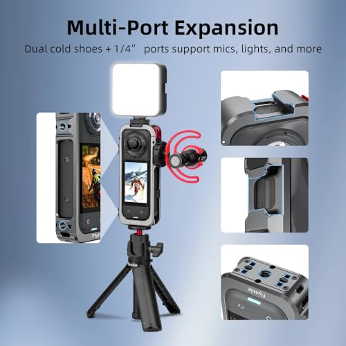 Image of TEKTONIC Metal Cage for Insta 360 X5 - CNC Aluminum Protective Camera Frame with Cold Shoe Mounts, 1 /4 inch Screw Ports & Quick-Release Design for Vlogging, Filmmaking & Travel