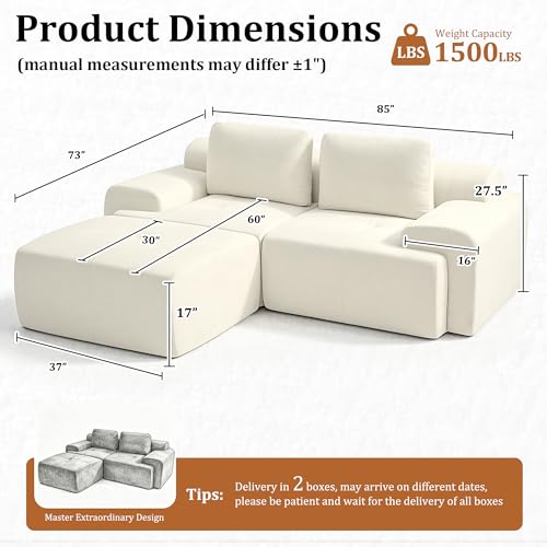 Image of 85 inch L Shaped Oversized Boneless Couch, Comfort Cloud Sectional Couches for Living Room, Modular Sofa High Back & Extra Deep Seat, No Assembly, Chenille(Warm White, 85 inch- L Shaped(2+1))