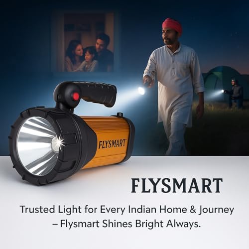 Image of Flysmart Heavy Duty LED Searchlight Long Range + Side Tube Emergency(Range Upto 1 Km.)with Multi-Functional + Blinker Rechargeable Handheld Torch(Metal 450 Watt)With Flora Ultra Durable AA Handy Torch