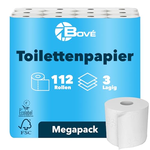 BOVE Toilettenpapier 3-lagig 112 Rollen Megapackung - 250 Blatt pro Rolle - Extra Weich, Stark & Saugstark - FSC & EU Ecolabel Zertifiziert - Preis-Leistungs-Knaller