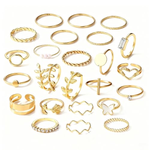 OUDQFCJ 24 Piezas Juego de Anillos apilables con circonio cúbico, Acero Inoxidable, Ajustable, Anillos de Acero Inoxidable, Anillo de apilamiento, Anillos Dorados para Mujer, Anillo para pie (Oro)