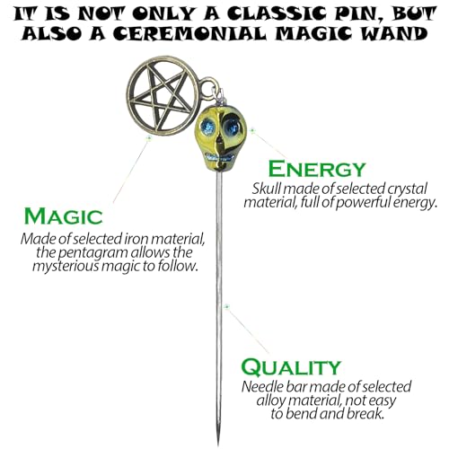 Conjunto de 7 alfinetes de boneca Voodoo com topo de caveira de cristal – Mini varinhas de pentagram
