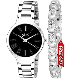 Acnos® Premium Brand – A Branded Watch Analog Black Dial Stainless Steel Silver Band with Heart Diamond Silver Bracelet Women’s Watch