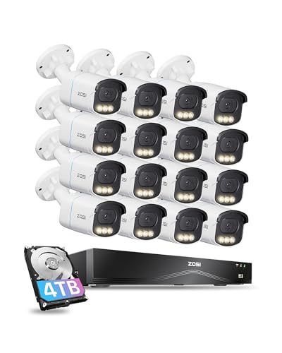 ZOSI 4K 8MP 16CH PoE Security Camera System, 16pcs 3K 5MP C186 Aurora Lux True Full Color Night Vision Outdoor Indoor PoE Wired Cameras, Person/Vehicle Alerts, Light & Siren, Two-Way Talk, with 4TB HD
