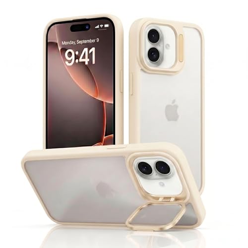 Image of amazon basics Frosted Matte Case for iPhone 17 | Built-in Flip-Out Camera Lens Stand | Translucent Back with Contrast White Bumper | Shockproof Protective Cover with Foldable Kickstand