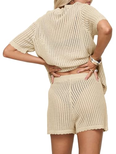Saodimallsu Womens Crochet Swimsuit Coverup Sets Short Sleeve V Neck Button Tops Drawstring Shorts 2 Piece Beach Outfits Beige — view 4