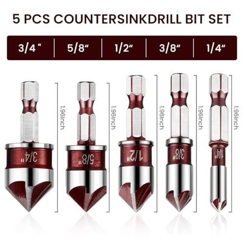 Image of Serplex Steel Countersink Drill Bit Set, 5Pcs, Sizes 3 /4'' to 1 /4'', Heavy Duty 82-Degree 5-Blade Design, Quick-Change Hex Shank, Versatile for Wood, Metal, Plastic, DIY & Professional Use