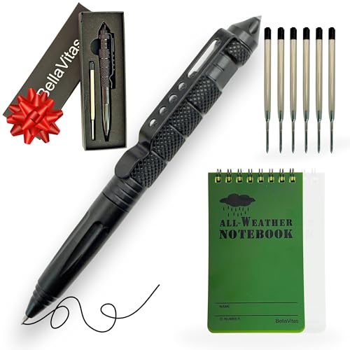 BellaVitas Bolígrafo táctico militar, pluma rompecristales de emergencia, bolígrafo táctico EDC, bolígrafo multiherramienta, pluma de acero de tungsteno, pluma gruesa de escritura, 6 recambios de
