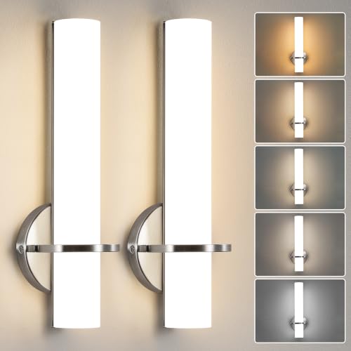 Linour Brushed Nickel Bathroom Sconces Wall Lighting 5CCT LED Dimmable Modern Wall Sconces Set of Two Indoor Wall Lamps for Bedroom Living Room Mirror 15 inch (Hardwired) by Linour - Used condition - US$82.35