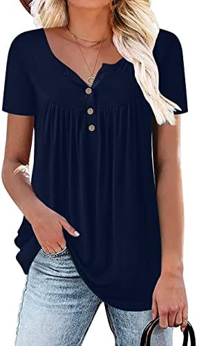 Aodemo Women's 2023 Summer Henley V Neck Button Up Tunic Ladies Loose Fit Tops Flowy Short Sleeve T-Shirts Blouse M, Navy Blue