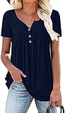 Aodemo Women's 2023 Summer Henley V Neck Button Up Tunic Ladies Loose Fit Tops Flowy Short Sleeve T-
