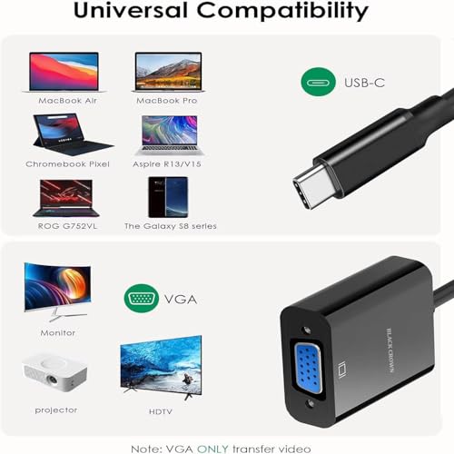 Image of BLACK CROWN USB C to VGA Adapter for Mak-Book Pro /Monitor, Type-C to VGA (15 Pin) Video Cable Converter for Chrom-Book, Phone, M-ac Air,Pad,Ma-c,Del XPS