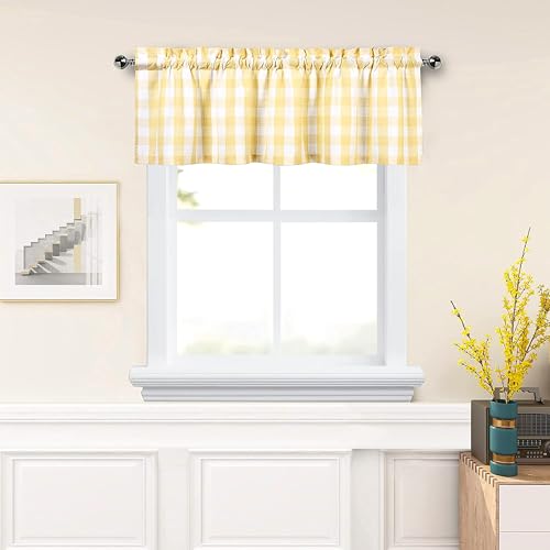 Amzdecor Yellow White Buffalo Plaid Valance Linen Sheer Cafe Curtain Buffalo Check Plaid Rod Pocket Rustic Farmhouse Kitchen Window Treatment for Living Room Bedroom,1 Panel,55''x15'',Yellow and White by Amzdecor - Used condition - US$9.73