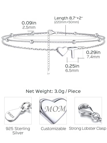 Image of ChicSilver Sterling Silver Anklets for Women Hypoallergenic Womens Ankle Bracelets for Women Layered Heart Anklet With Initials Womens Anklets Jewelry for Mom Wife