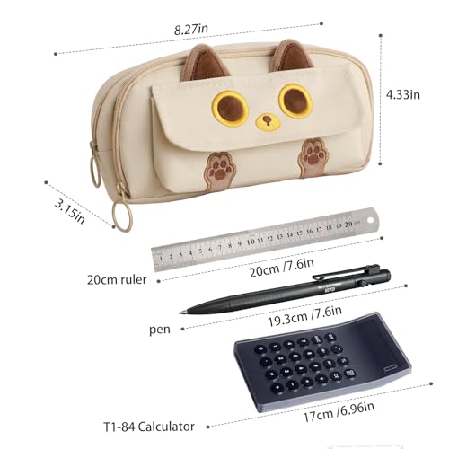 JIAOYUNLILI Big Capacity Pencil Case,Zipper Pencil Pouch,3D Cat Pencil Bag for Girls Boys Back To School Supplies,Stationery Bag Office Pen Organizer for Teens Adults (Beige) — view 4