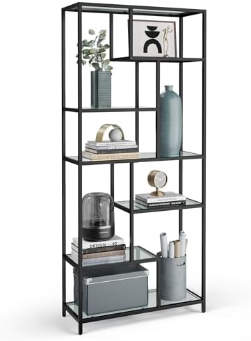 VASAGLE Bücherregal, Regal mit 6 Ablagen, 30 x 80 x 180 cm | Standregal aus Glas und Stahl, für Büro, Wohnzimmer, Schlafzimmer, Klarglas und Blassgold, Baris Kollektion LGT502B61
