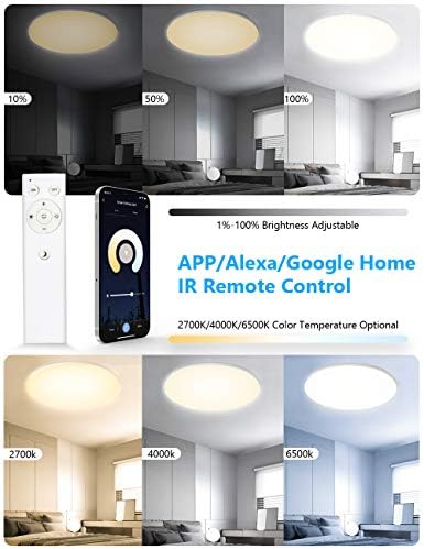 TASMOR Smart LED Ceiling Light 24W, 2700-6500K Dimmable Light, WiFi, Remote/APP/Voice Control, Ø40CM 2400Lm IP54 Waterproof Compatible with Alexa/Google Home for Bedroom, Living Room, No Hub Required