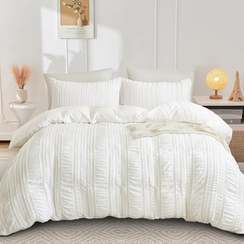 Guchuang Bedding Seersucker King Size Duvet Cover Set, 3-Piece White Bedding Set - Soft Microfiber, Wrinkle-Resistant Duvet Cover with Hidden Zipper (King, 220x230cm)