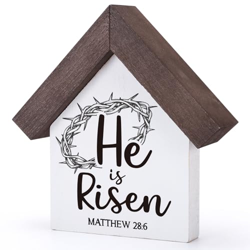MBL Christian Easter Decor Decorations - Wood He Is Risen Sign Bible Verse Religious Easter Basket Stuffers Essentials Rustic Table Home Living Room Bedroom Shelf Tiered Tray for Women Men Teen Adults