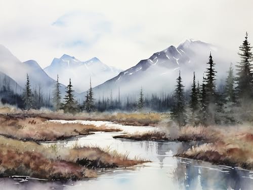 Jackson Hole Watercolor Wall Print Snake River Print Art Mountain River Landscape Wyoming Pine Forest Wall Art Misty River Artwork,86