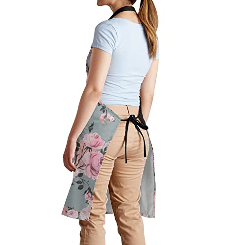 Pink Rose Floral Grey Shabby Chic Funny Apron 2 Pockets Mom Women Wife Girlfriend Birthday Valentine's Day Gifts Bbq Grilling Cooking Master Chef Kitchen #TOP3