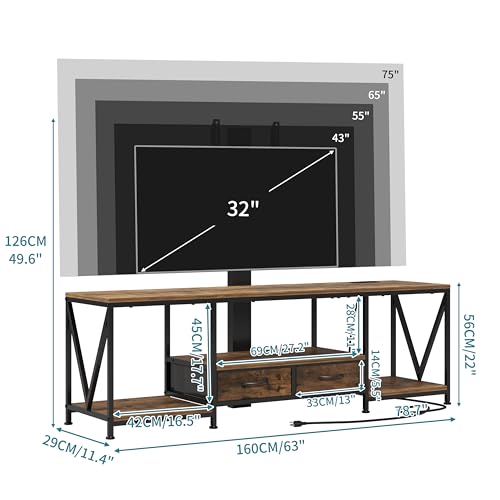 Image of 63 inch W TV Stand with Mount for 55,65,75 inch TV,Entertainment Center with Power Outlet&Led Lights,Height Adjustable TV Console Table with Open Storage Shelves&Fabric Drawers (Rustic Brown, 63 inchW)