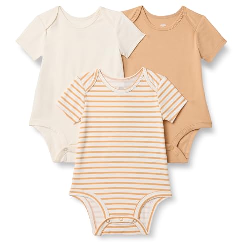 Amazon Essentials x Sofia Grainge Unisex Babies' Short Sleeve Crewneck Bodysuit, Pack of 3, Ivory/Light Camel/Stripe, 18 Months