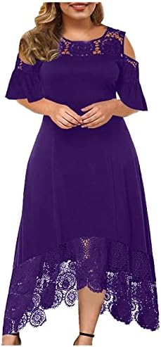 Plus Size Mother Of The Bride Dresses For Women 3X, Fashion Women'S Lace Stitching Ruffle Short-Sleeved Strapless Sheath Dress Dresses Women Vintage Long Dresses Women Romper Maxi (XXL, Purple) MOBCTG