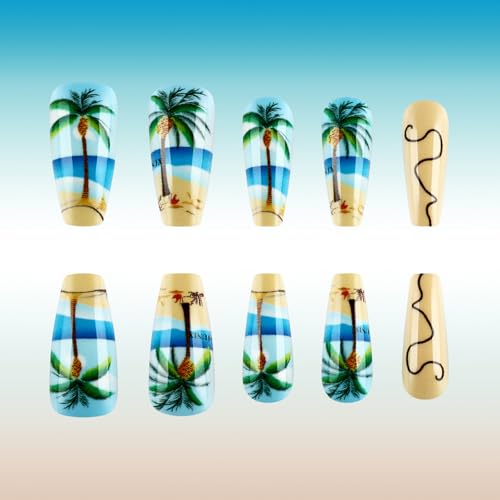 Press on Nails Coffin Fake Nails Glossy Stick on Nails Coconuts Tree Full CoverS False Nails Acrylic Glues on Nails - Image 4